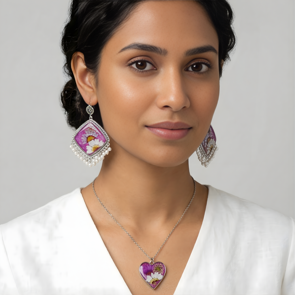 Unique Real Dried Flower Necklace & Earrings Set | Romantic Purple Botanical Gift