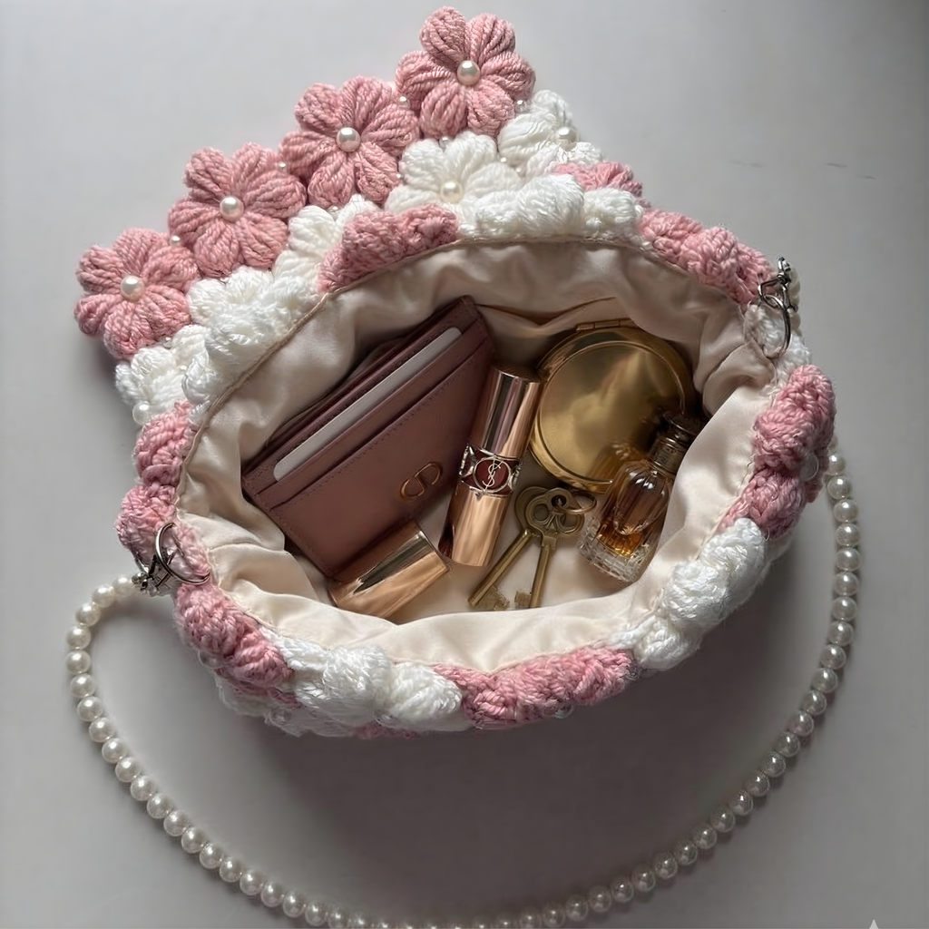 Aesthetic Pink Floral Crochet Bag – Whimsical Coquette Pearl Strap Purse