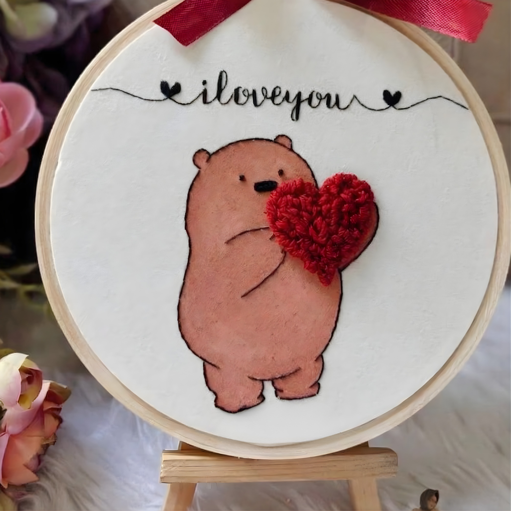 Romantic "I Love You" Bear Embroidery Hoop | Unique Anniversary & Valentine's Gift