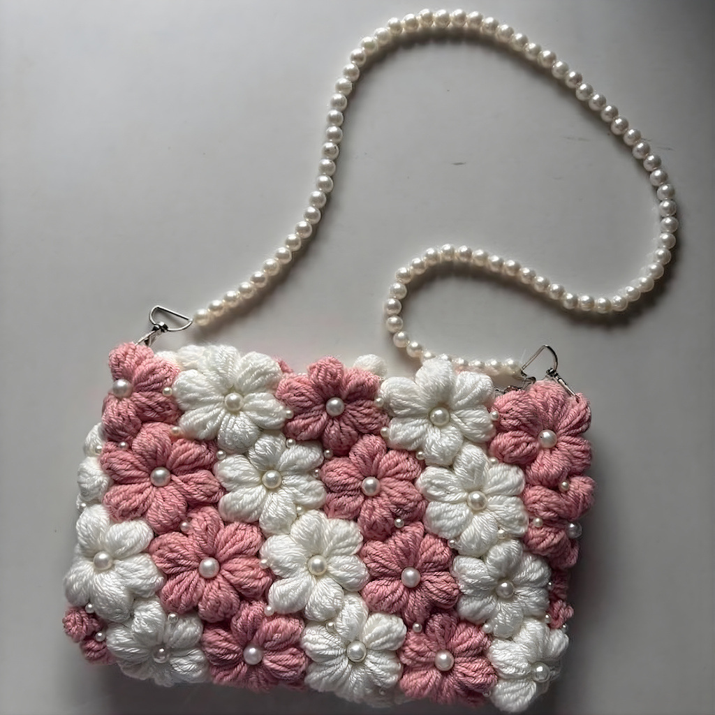Aesthetic Pink Floral Crochet Bag – Whimsical Coquette Pearl Strap Purse