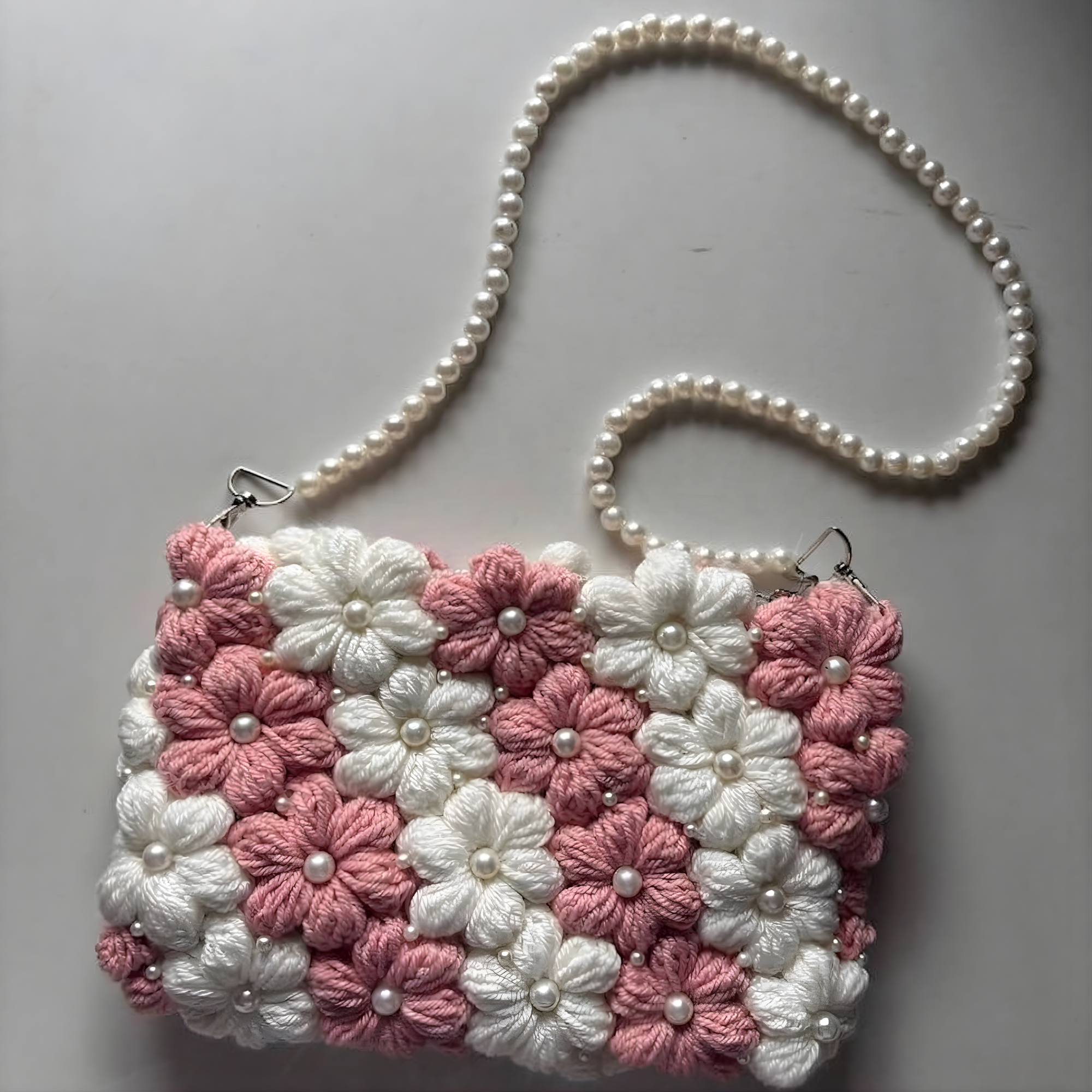 Aesthetic Pink Floral Crochet Bag – Whimsical Coquette Pearl Strap Purse