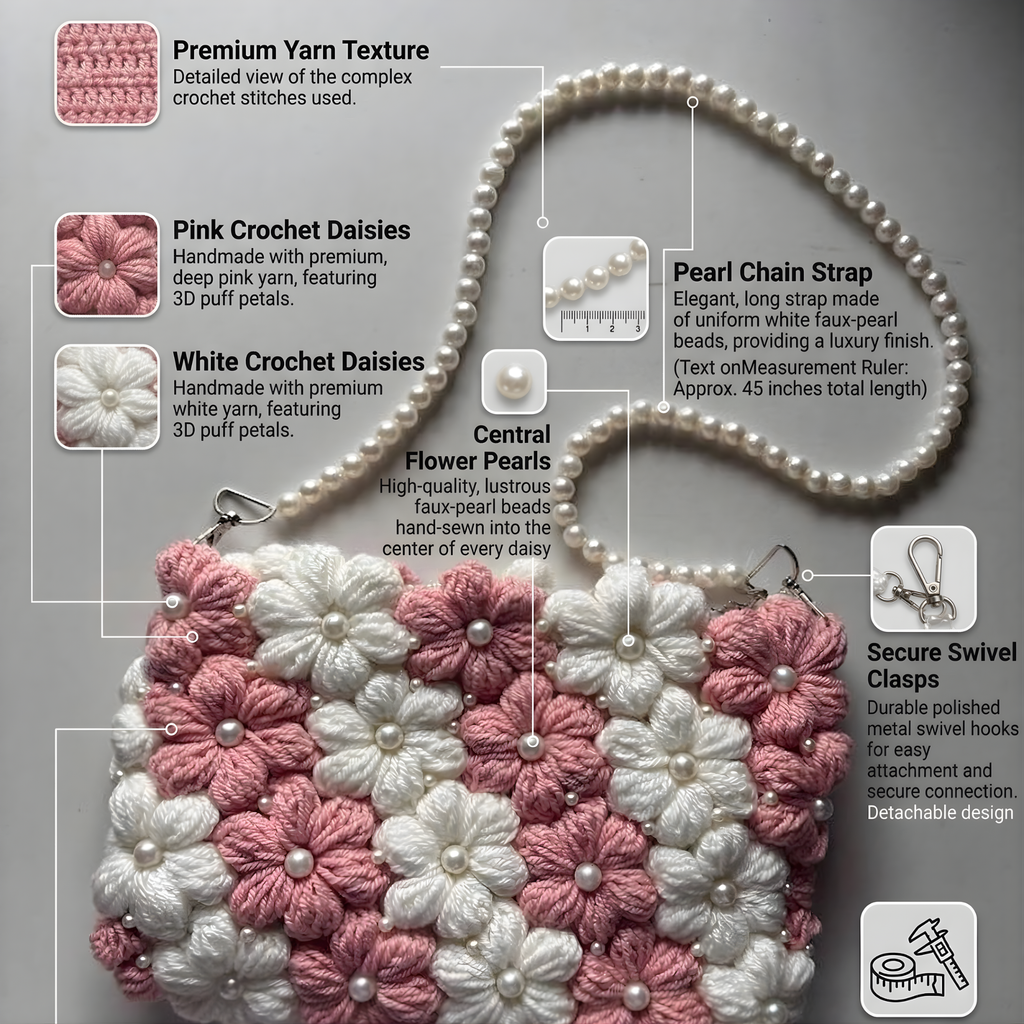 Aesthetic Pink Floral Crochet Bag – Whimsical Coquette Pearl Strap Purse