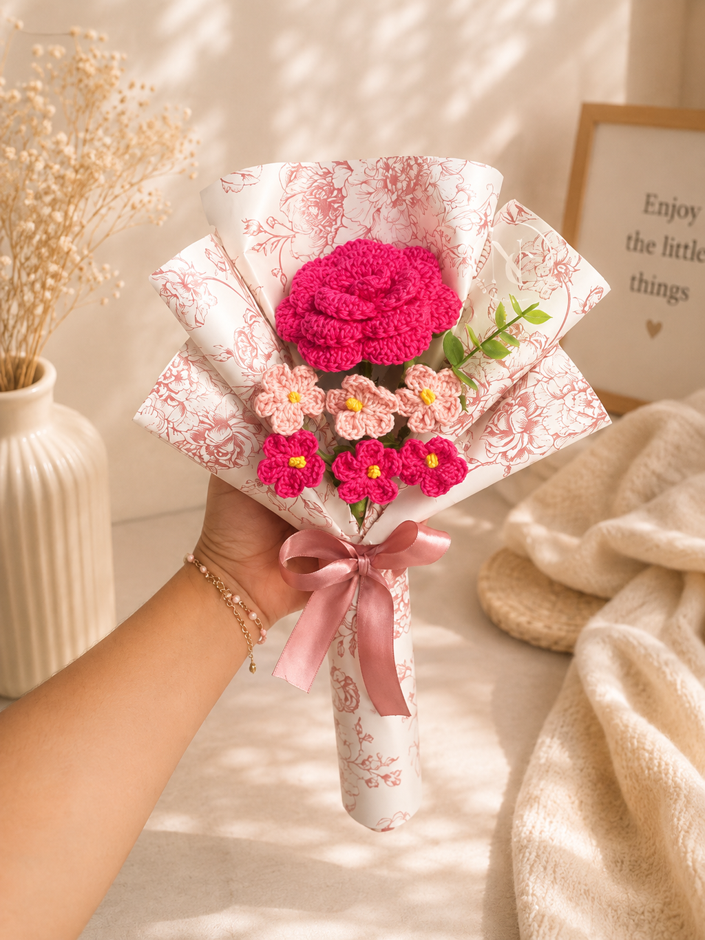 Rosé Bloom Crochet Bouquet | Handmade Forever Rose & Blossom Gift I MOBO MAKES