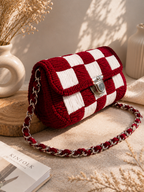 Handcrafted Red & White Checkerboard Crochet Sling Bag | Premium Handmade Crossbody Bag | MOBO MAKES