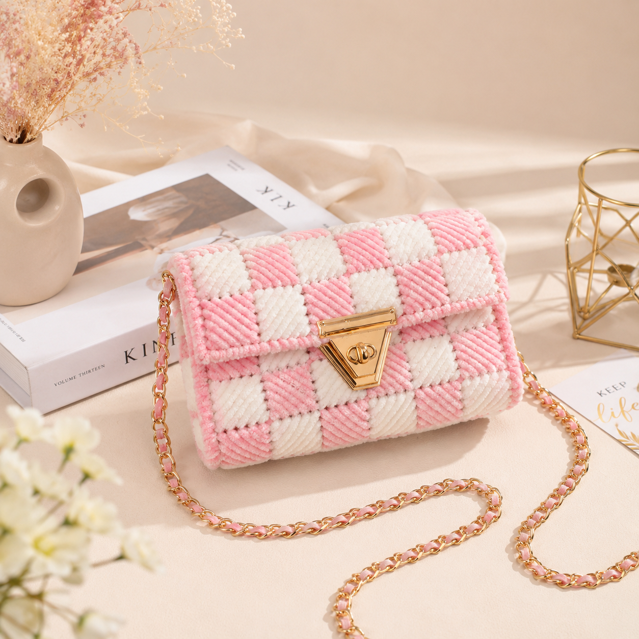 Luxury Handcrafted Pink & White Checkerboard Crochet Sling Bag | Premium Women's Crossbody Bag | MOBO MAKES