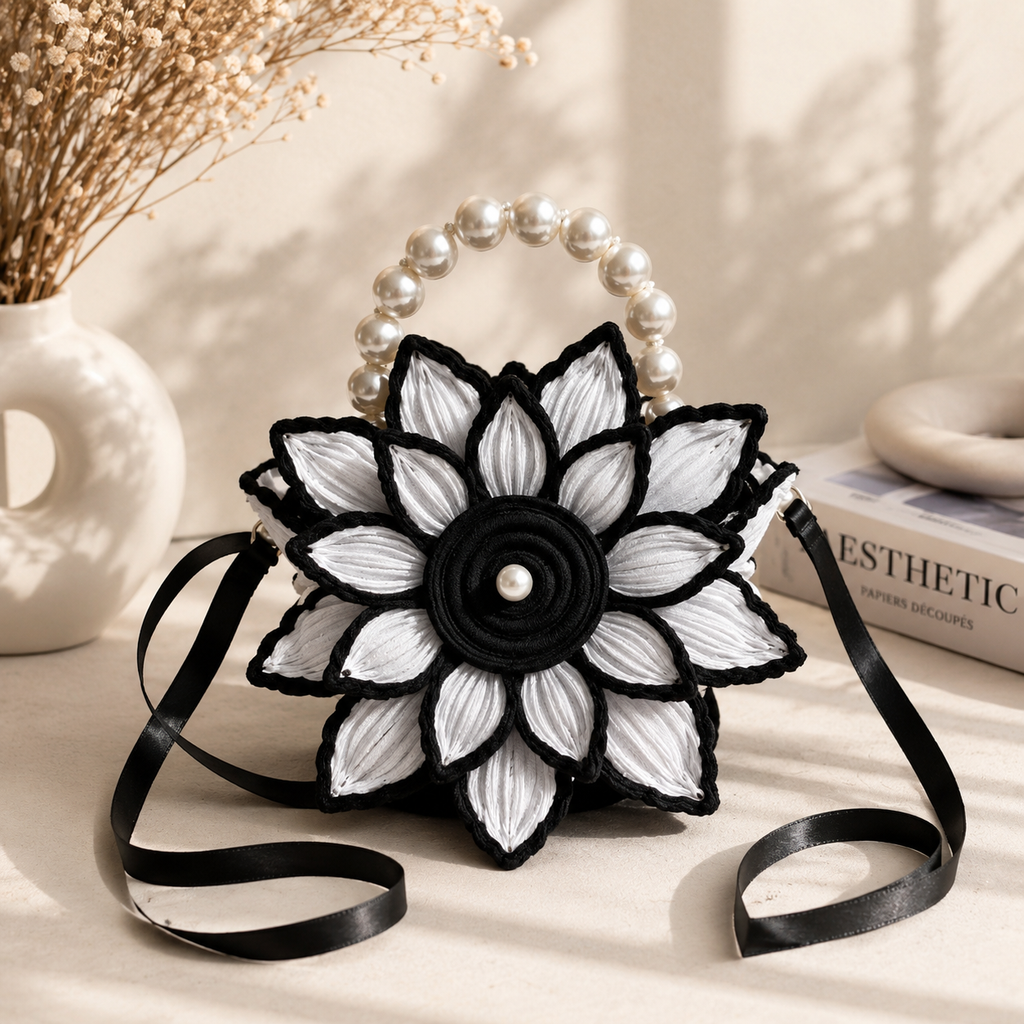 Luxury Handcrafted Black & White Floral Crochet Handbag | Pearl Handle Designer Sling Bag