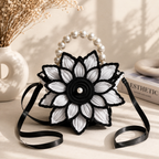 Luxury Handcrafted Black & White Floral Crochet Handbag | Pearl Handle Designer Sling Bag