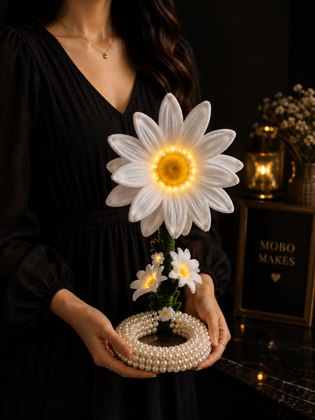 Handcrafted Pearl Daisy LED Flower Lamp IMOBO MAKES