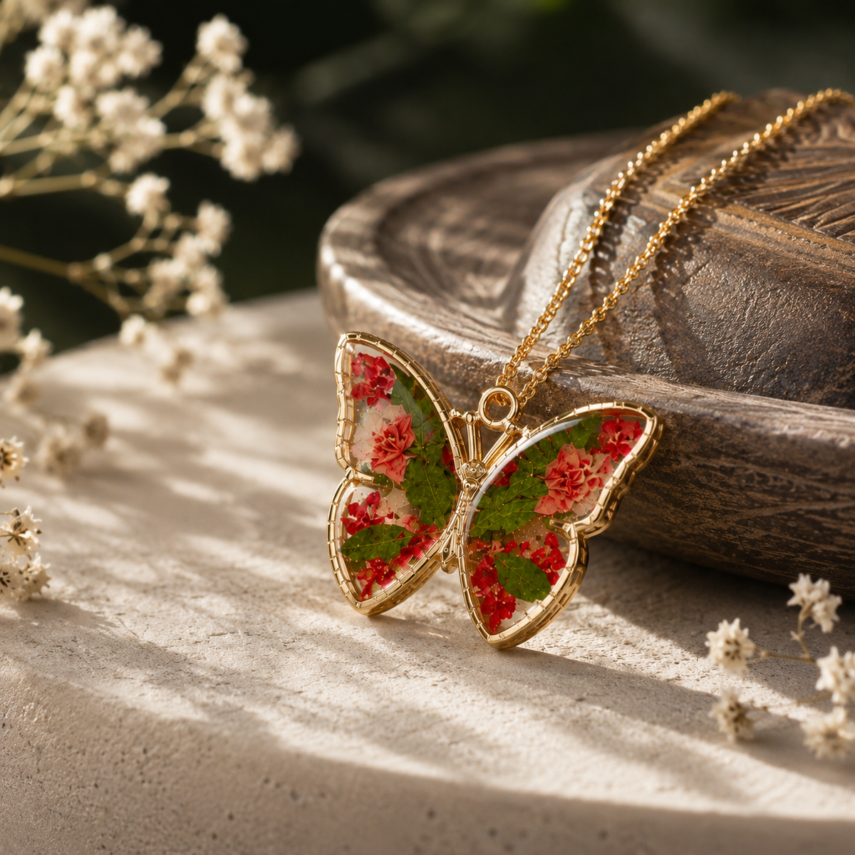 Real Flower Resin Butterfly Pendant Necklace Collection