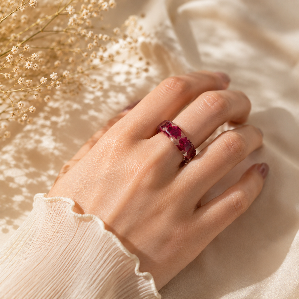 Handmade Real Rose Petal Resin Ring | Transparent Botanical Band Jewelry