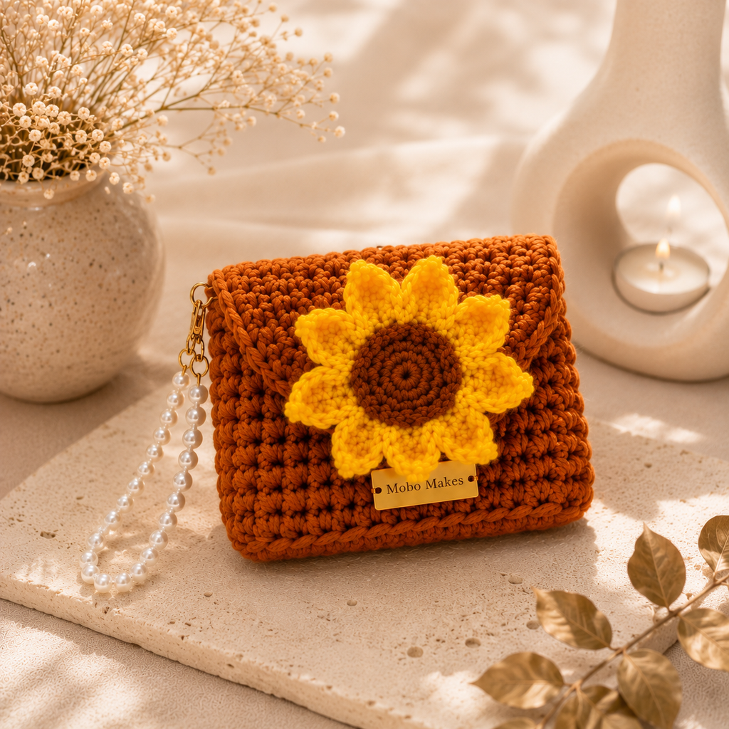 Handmade Crochet Sunflower Pouch Bag (Pack of 1)– Knit Floral Coin Purse Set