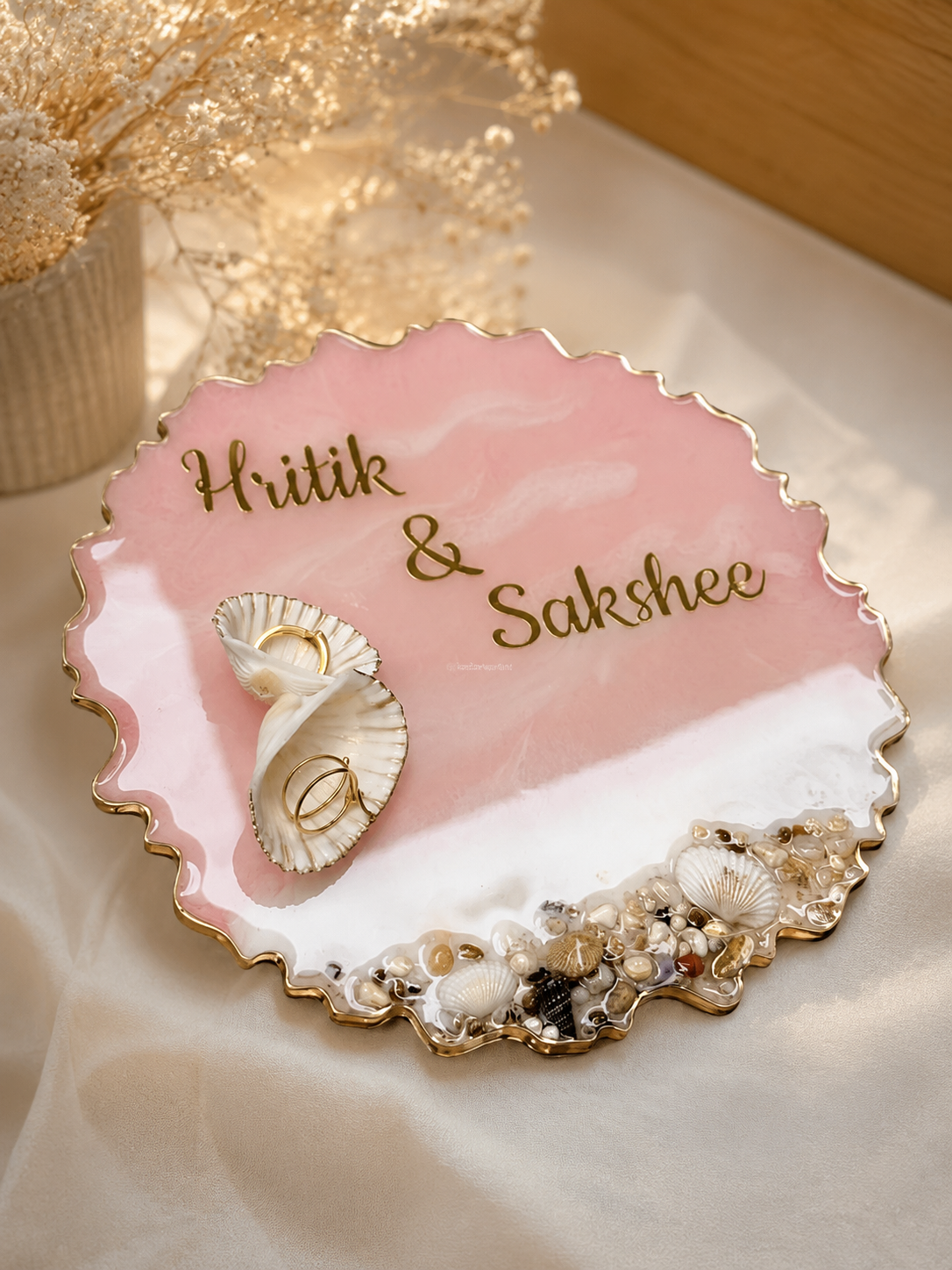 Custom Beach Theme Resin Engagement Ring Platter | Seashell Wedding Tray with Names