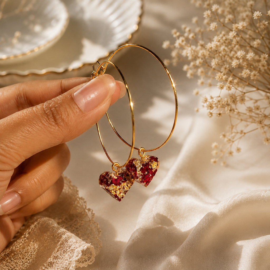 Handmade Resin Heart Charm Gold Hoop Earrings | Romantic Botanical Dangle Hoops