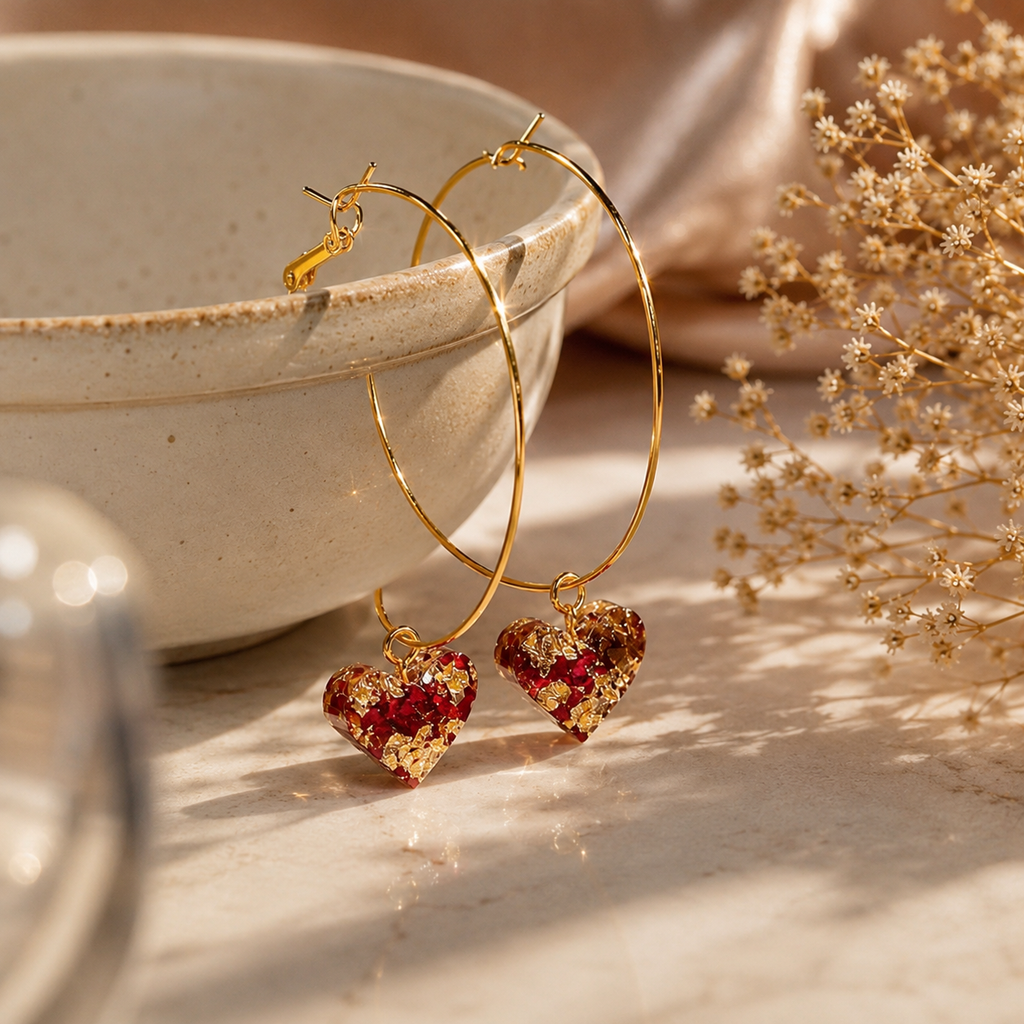 Handmade Resin Heart Charm Gold Hoop Earrings | Romantic Botanical Dangle Hoops