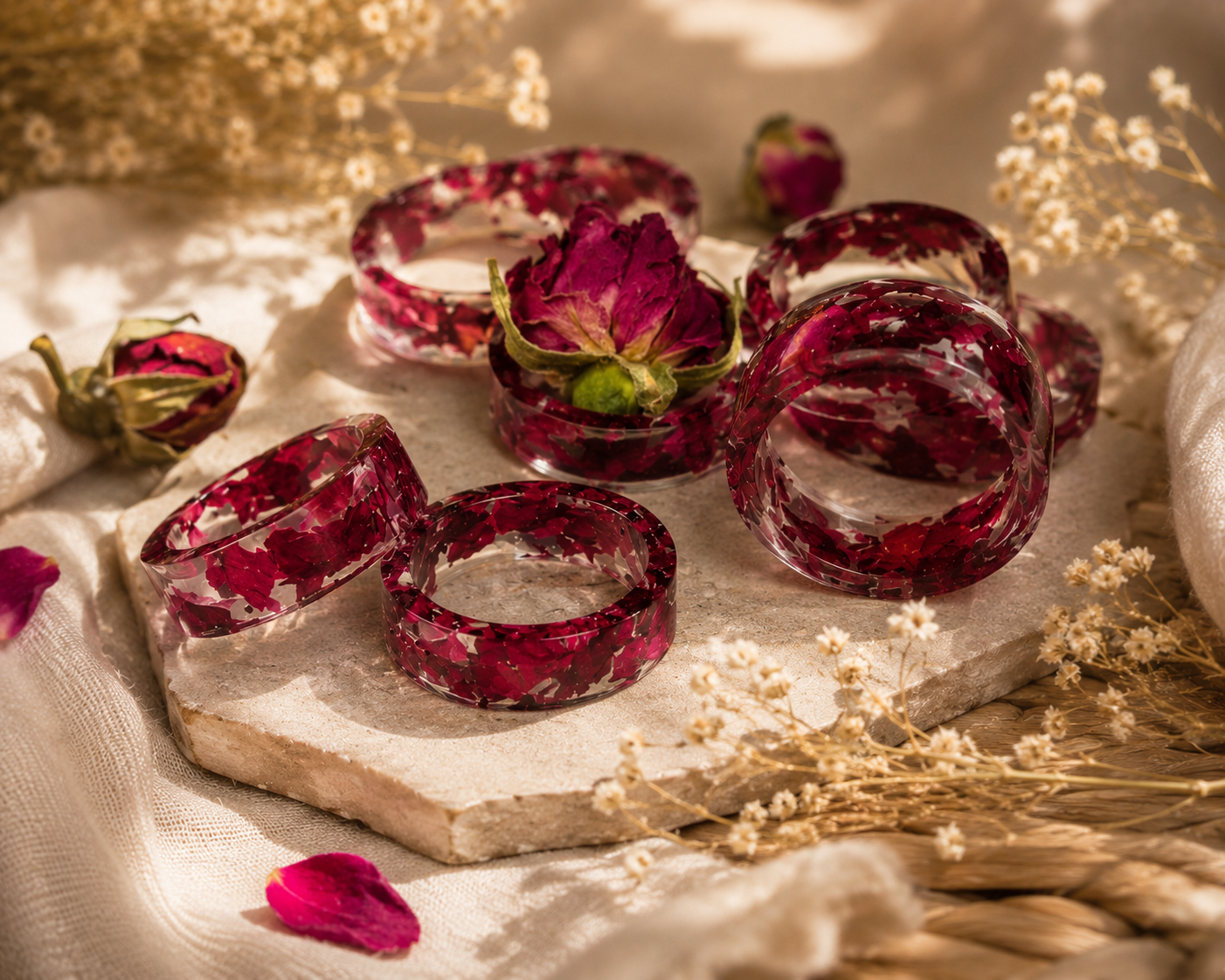 Handmade Real Rose Petal Resin Ring | Transparent Botanical Band Jewelry