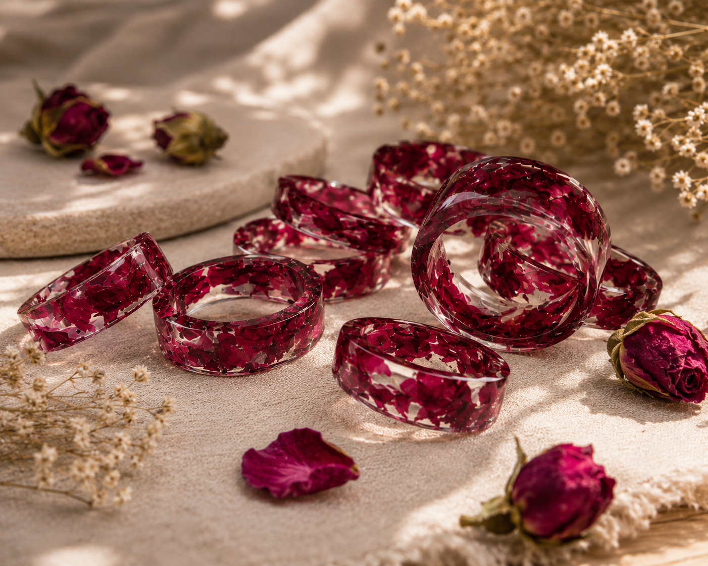 Handmade Real Rose Petal Resin Ring | Transparent Botanical Band Jewelry