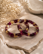 Handcrafted Real Rose Petal Resin Bangles | Pair of Floral Kada Bracelets with Gold Foil