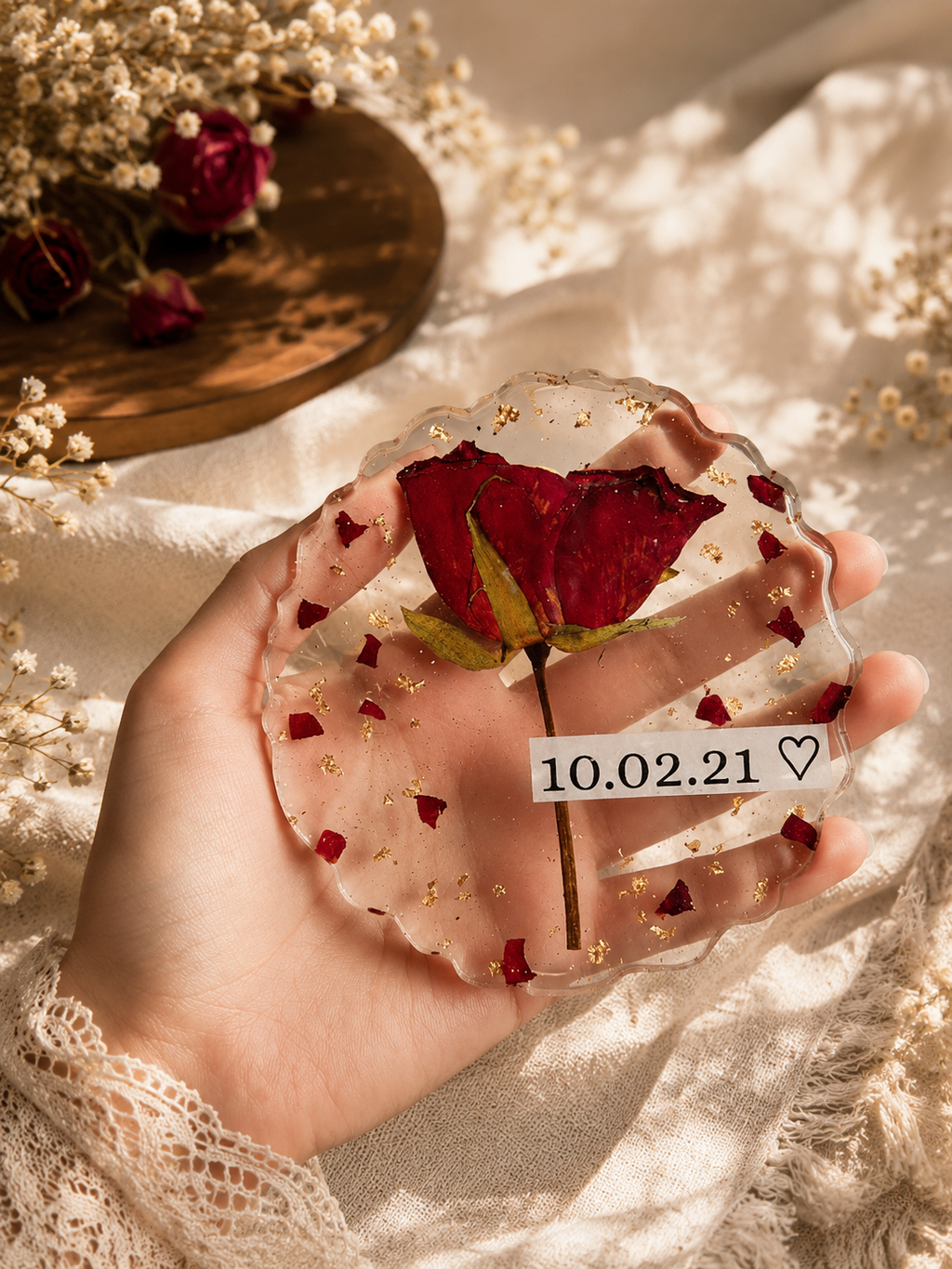 Custom Date Resin Save-the-Date Coaster | Preserved Rose Anniversary Keepsake