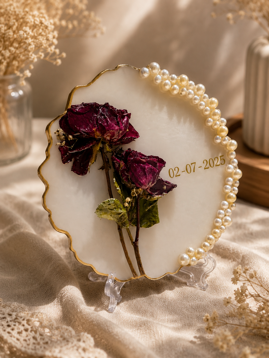 Elegant Pearl-Bordered Resin Floral Keepsake Sign – Milky White