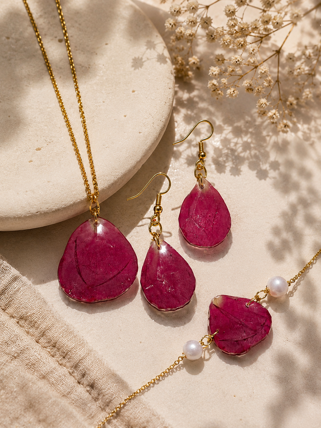Real Flower Petal Pendant & Earrings Combo | Romantic Pearl Accent Jewelry Set