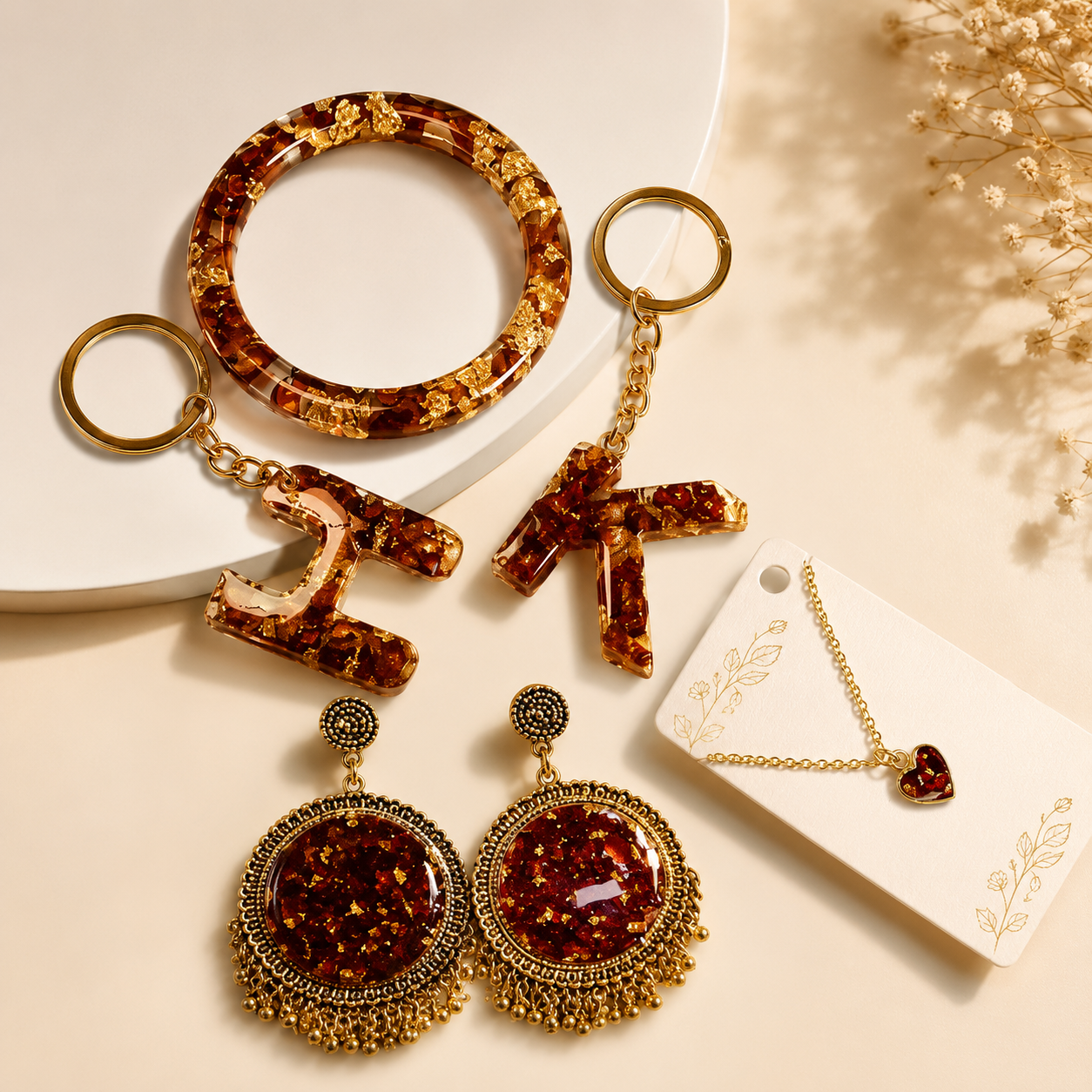 Personalized Initial Resin Accessory Gift Combo | Custom Jewelry & Alphabet Keychain Set