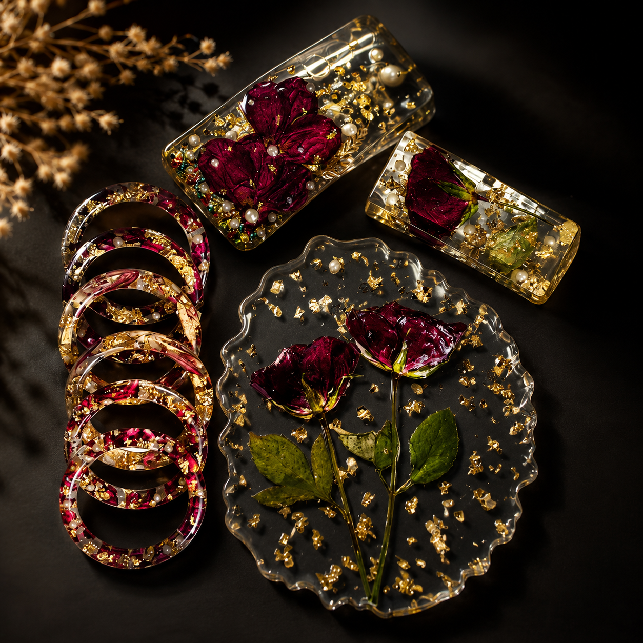 Handmade Real Rose Resin Accessory Gift Set | Phone Case, Bangles & Coaster Combo