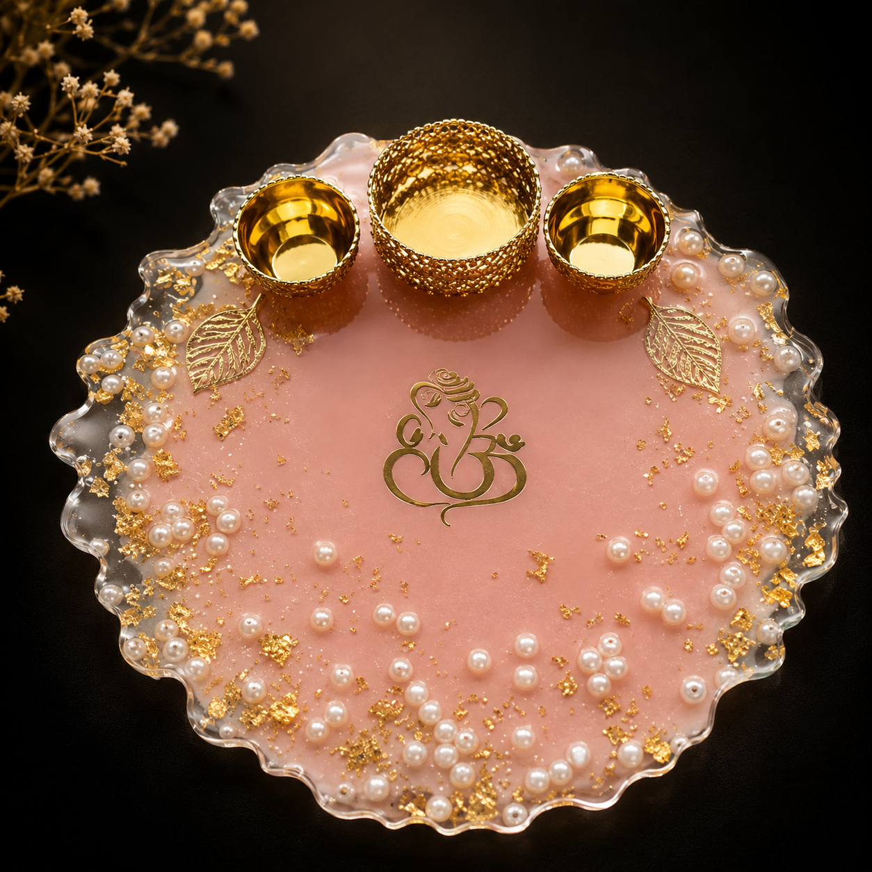 Premium Pink Resin Engagement Ring Platter with Ganesha | Decorative Wedding Thali 20CM X20CM