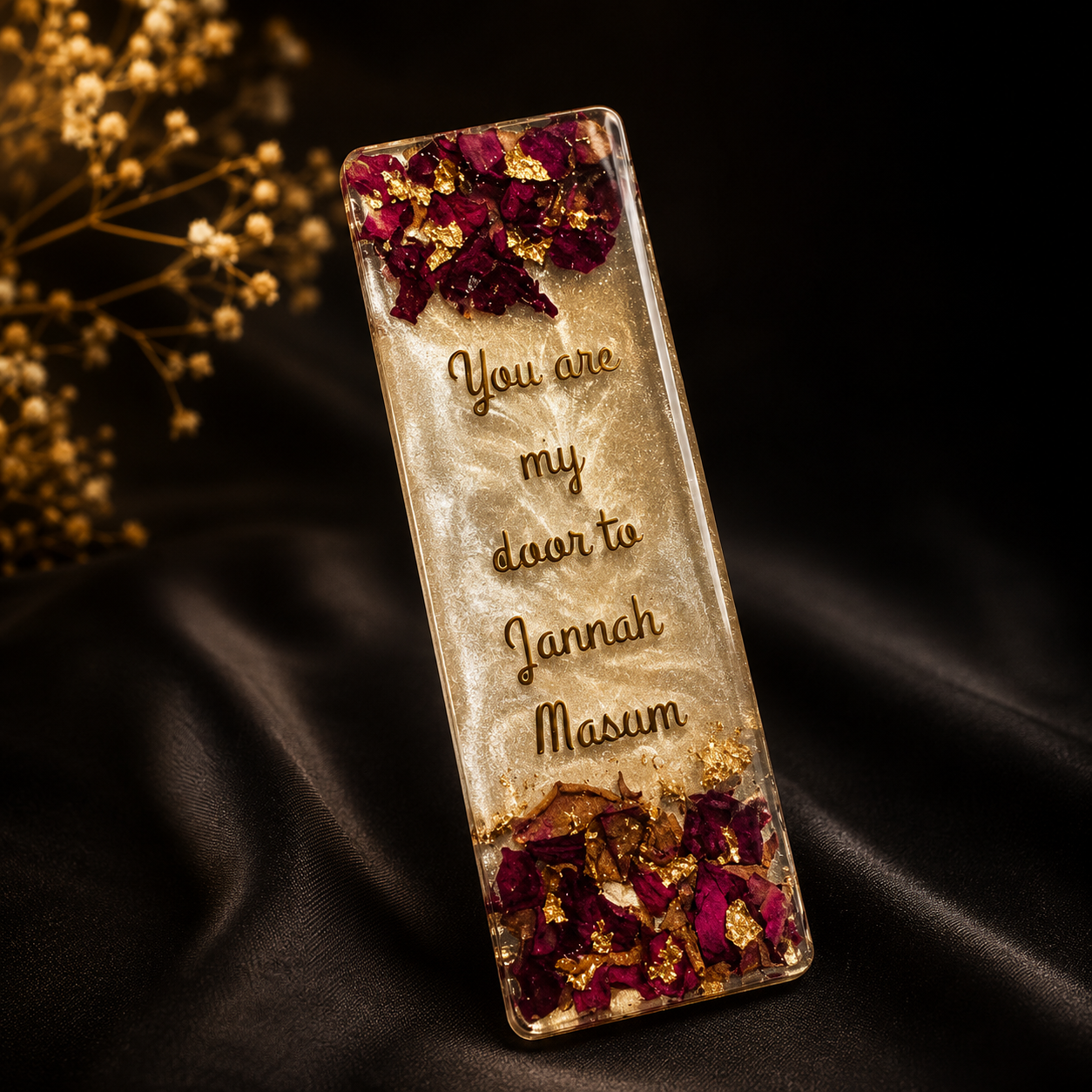 Custom "You Are My Door To Jannah" Resin Bookmark | Personalized Islamic Couple Gift with Real Rose Petals & Gold Flakes