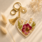 Floral Resin Heart Keychain with Gold Tassel & Sun Charm