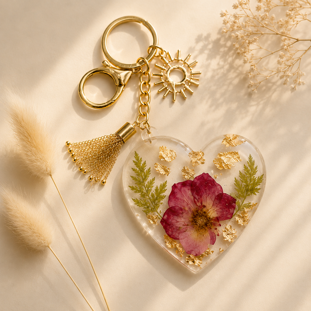 Floral Resin Heart Keychain with Gold Tassel & Sun Charm