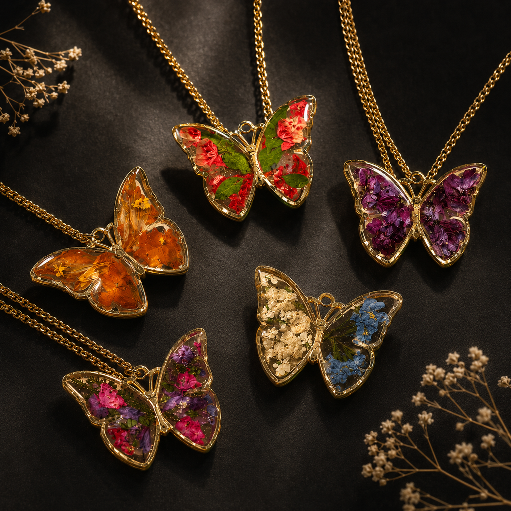 Real Flower Resin Butterfly Pendant Necklace Collection