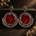 Red Rose Petal Oxidised Silver Round Jhumka Earrings
