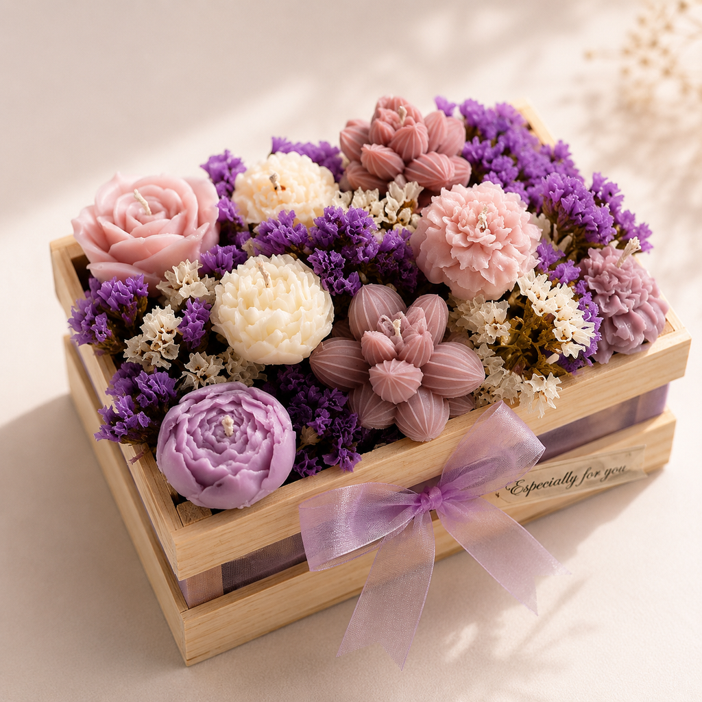 Luxury Carved Floral Candle Gift Basket – Pastel Purple Hamper
