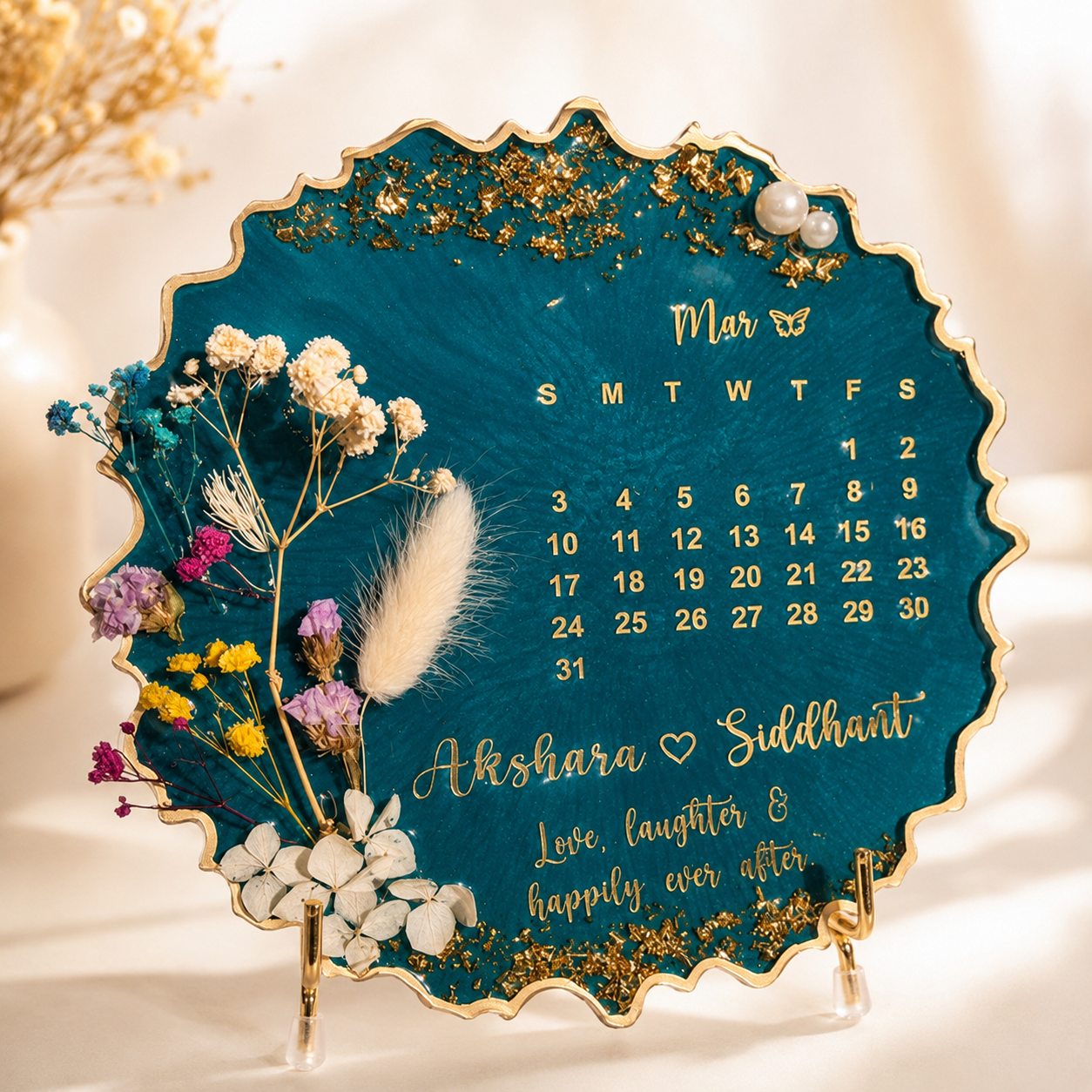 Personalized Resin Calendar Plaque with Preserved Flowers & Custom Names
