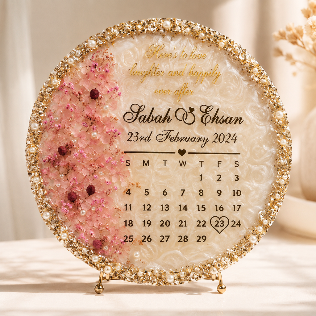 Personalized Floral Resin Calendar Plaque with Names & Special Date | Custom Couple Gift