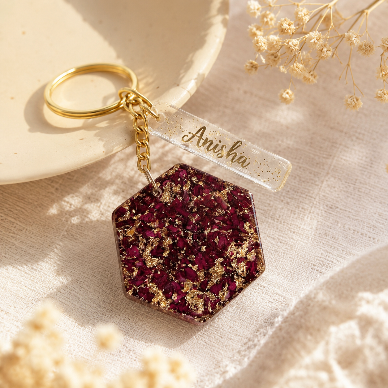 Custom Resin Hexagon Keychain with Preserved Rose Petals and Gold Flakes | Personalized Name Tag Keychain