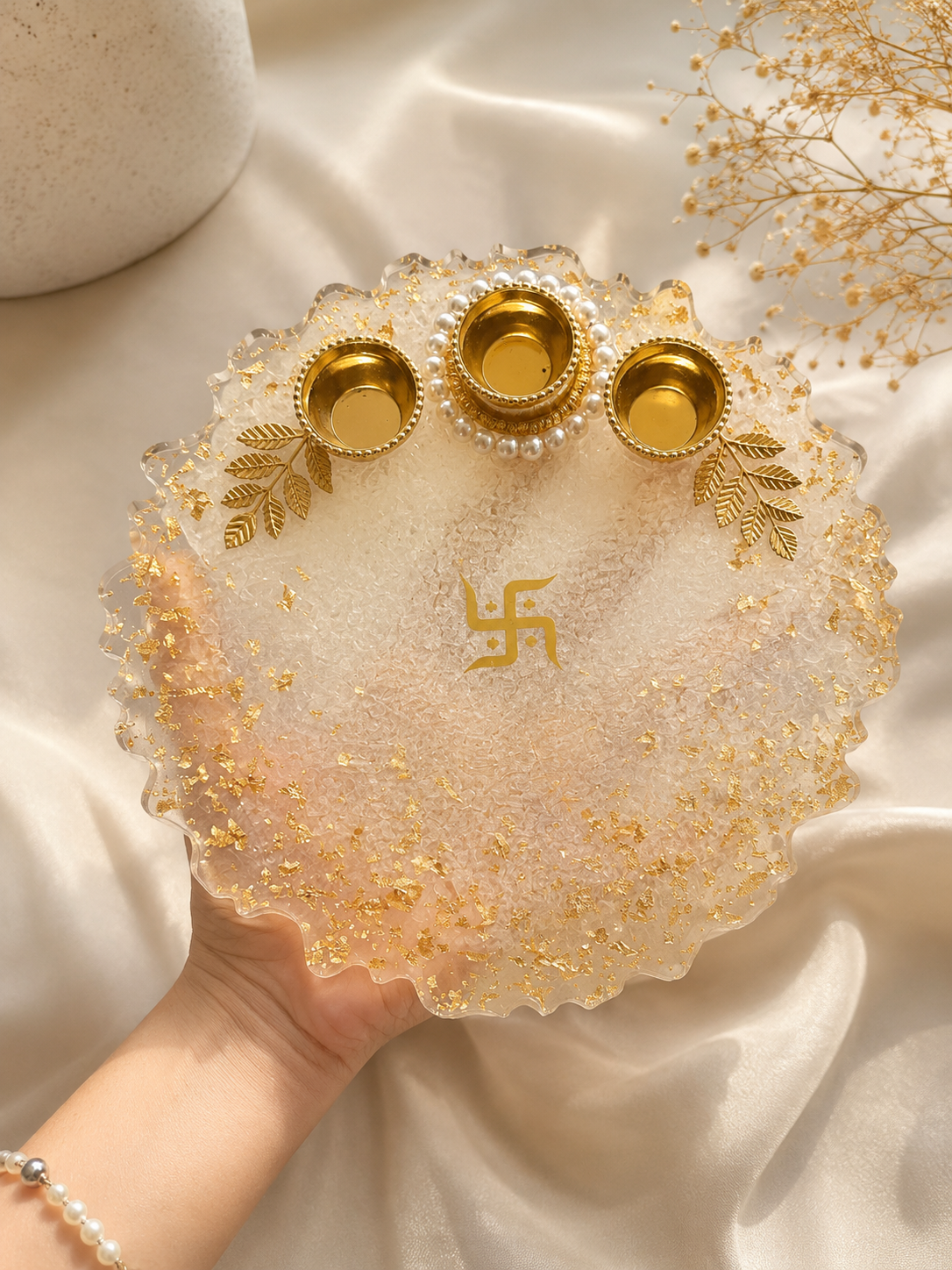 Handcrafted Clear Resin Pooja Thali with Gold Leaf & Swastika 20X20CM | Personalized Festive Aarti Plate with Attached Bowls
