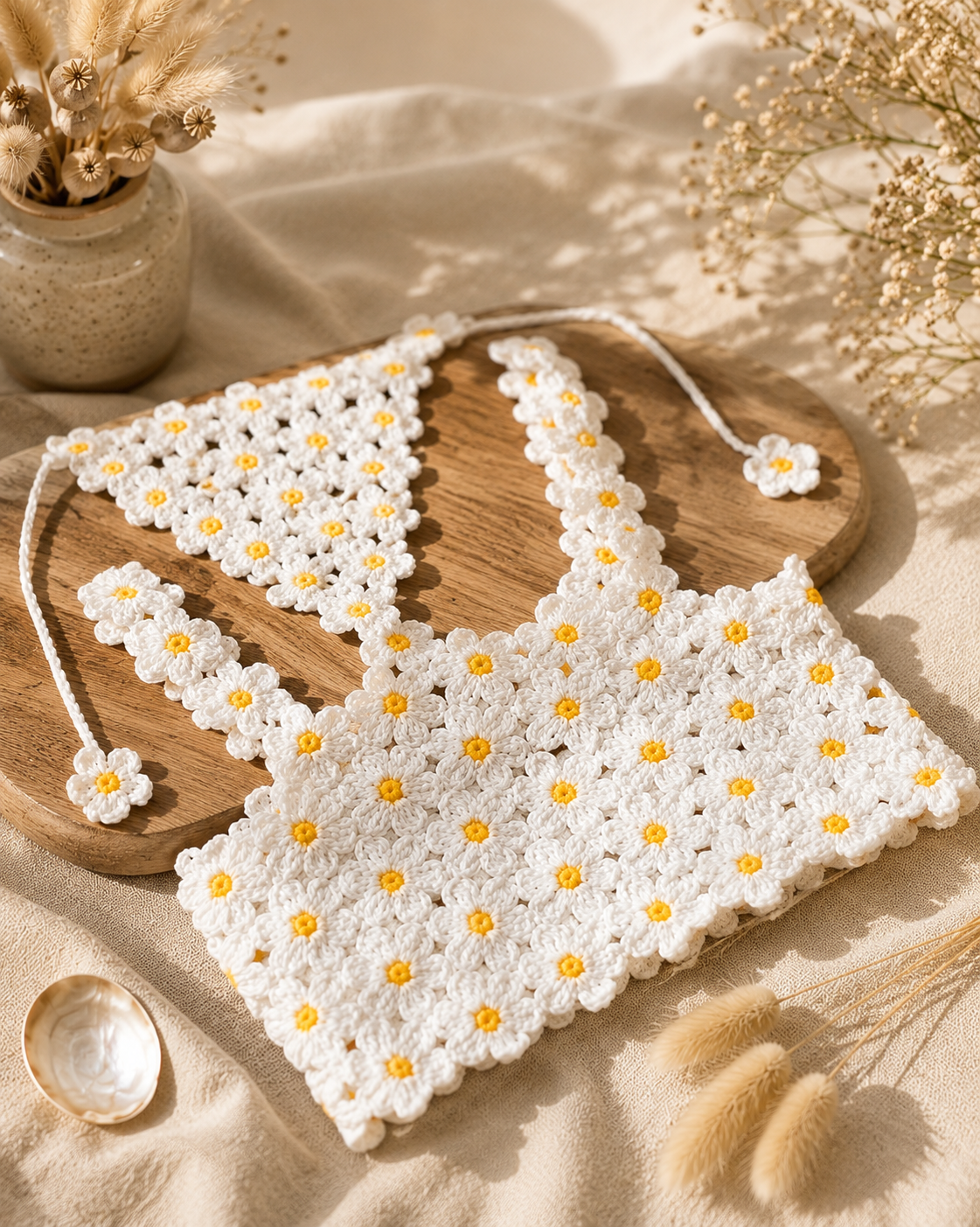 Handmade Crochet Daisy Crop Top & Bandana Set – Cottagecore Floral Two-Piece | Mobo Makes
