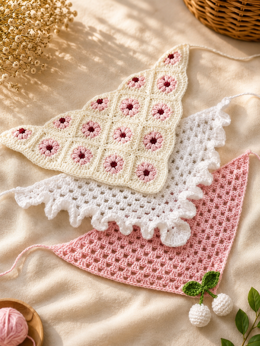 Handmade Crochet Triangle Bandana – Floral Patchwork & Ruffle Kerchief | Mobo Makes