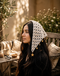 Handmade Granny Stitch Hair Bandana – Whimsigoth Grey Head Scarf with Draping Star Charms
