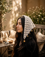 Handmade Granny Stitch Hair Bandana – Whimsigoth Grey Head Scarf with Draping Star Charms