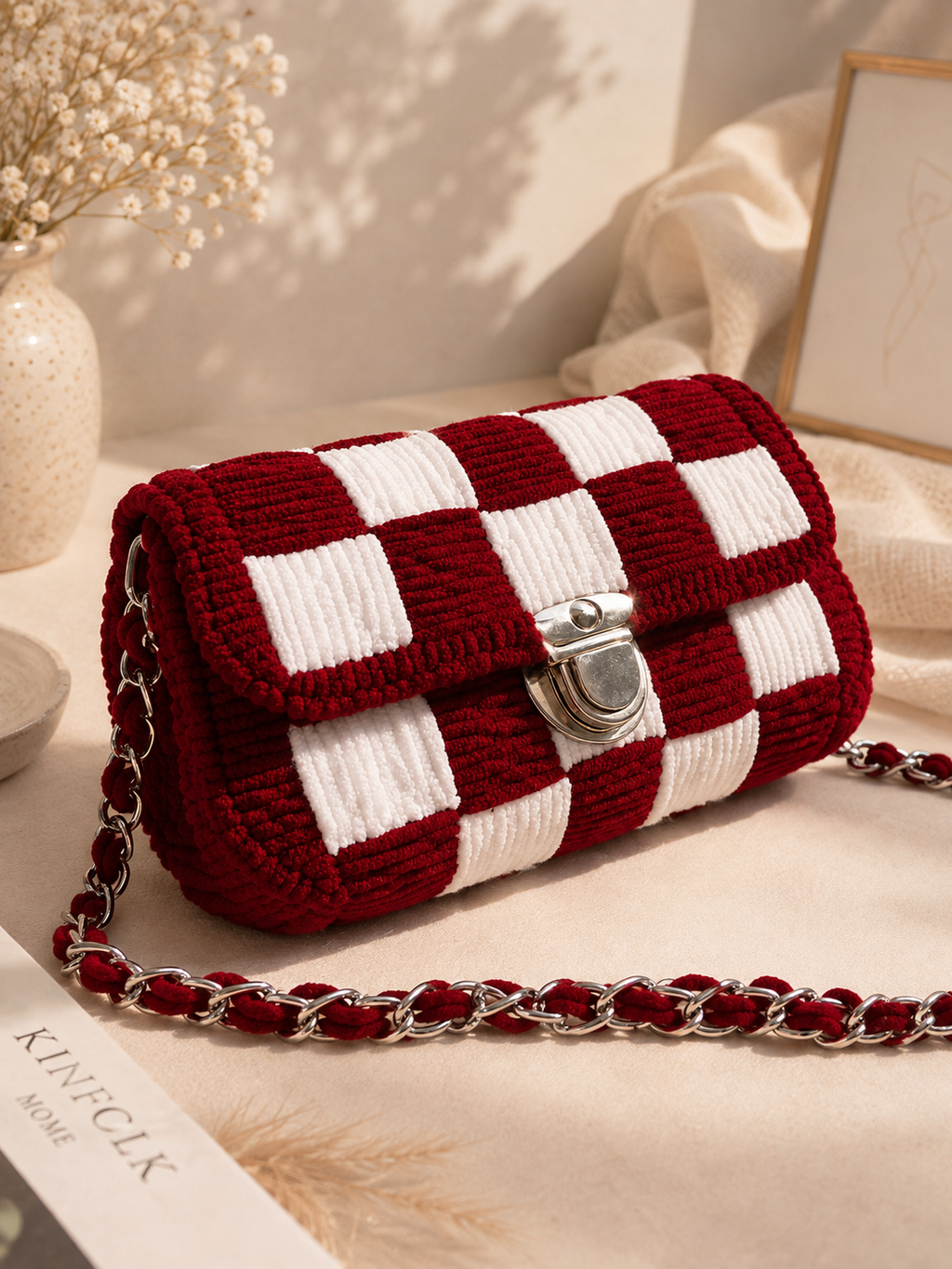 Handcrafted Red & White Checkerboard Crochet Sling Bag | Premium Handmade Crossbody Bag | MOBO MAKES