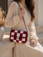 Handcrafted Red & White Checkerboard Crochet Sling Bag | Premium Handmade Crossbody Bag | MOBO MAKES