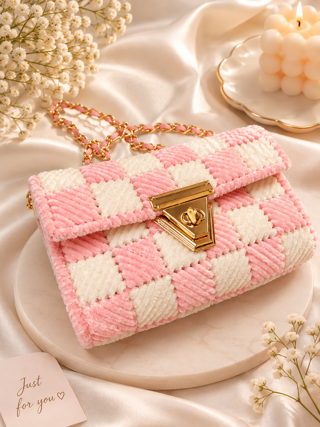 Luxury Handcrafted Pink & White Checkerboard Crochet Sling Bag | Premium Women's Crossbody Bag | MOBO MAKES