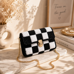 Luxury Handcrafted Black & White Checkerboard Crochet Sling Bag |MOBO MAKES