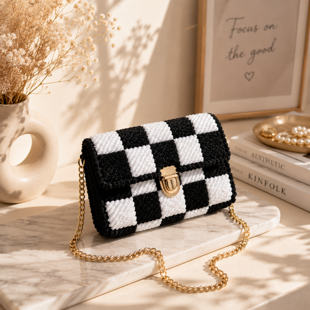 Luxury Handcrafted Black & White Checkerboard Crochet Sling Bag |MOBO MAKES
