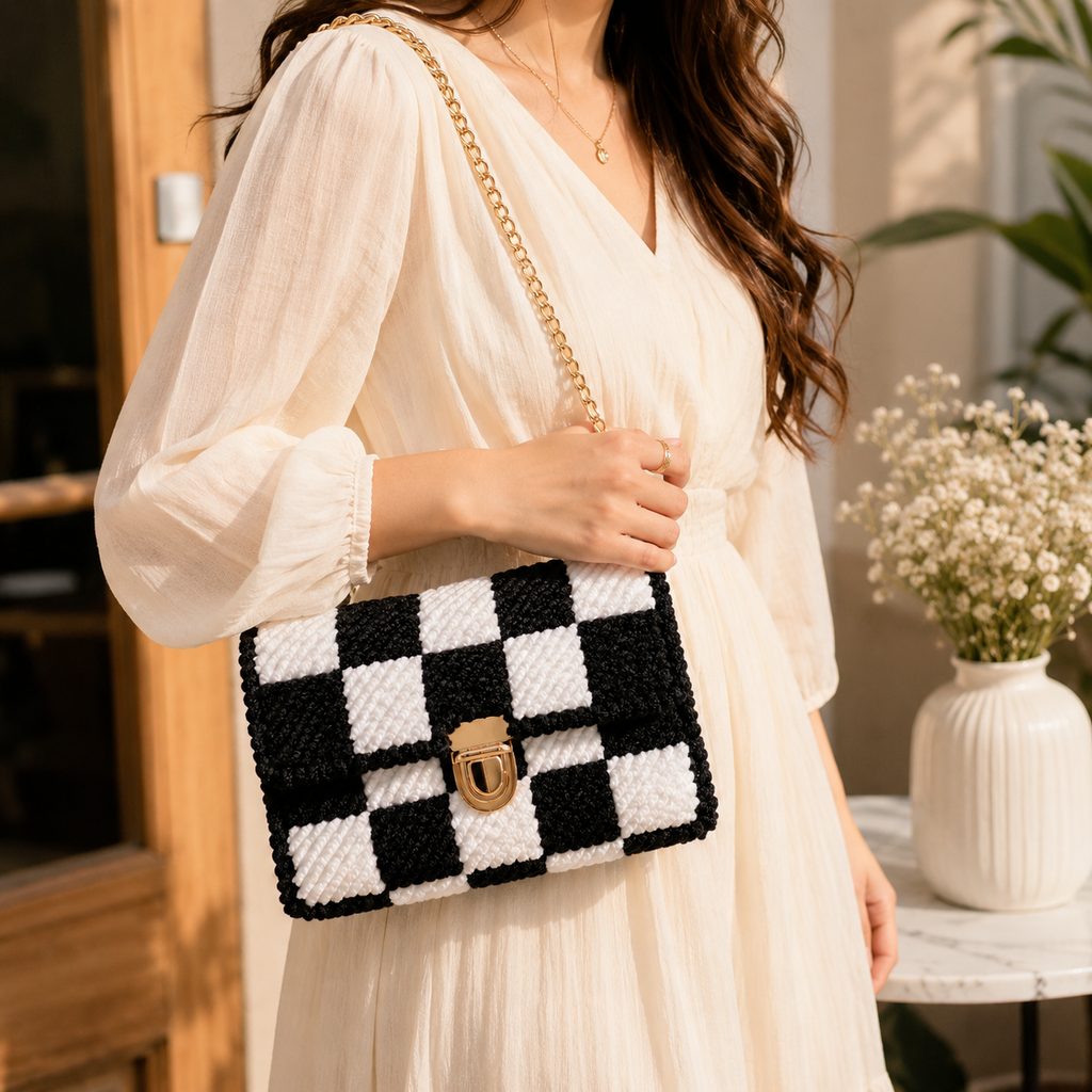 Luxury Handcrafted Black & White Checkerboard Crochet Sling Bag |MOBO MAKES