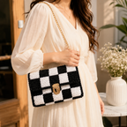 Luxury Handcrafted Black & White Checkerboard Crochet Sling Bag |MOBO MAKES