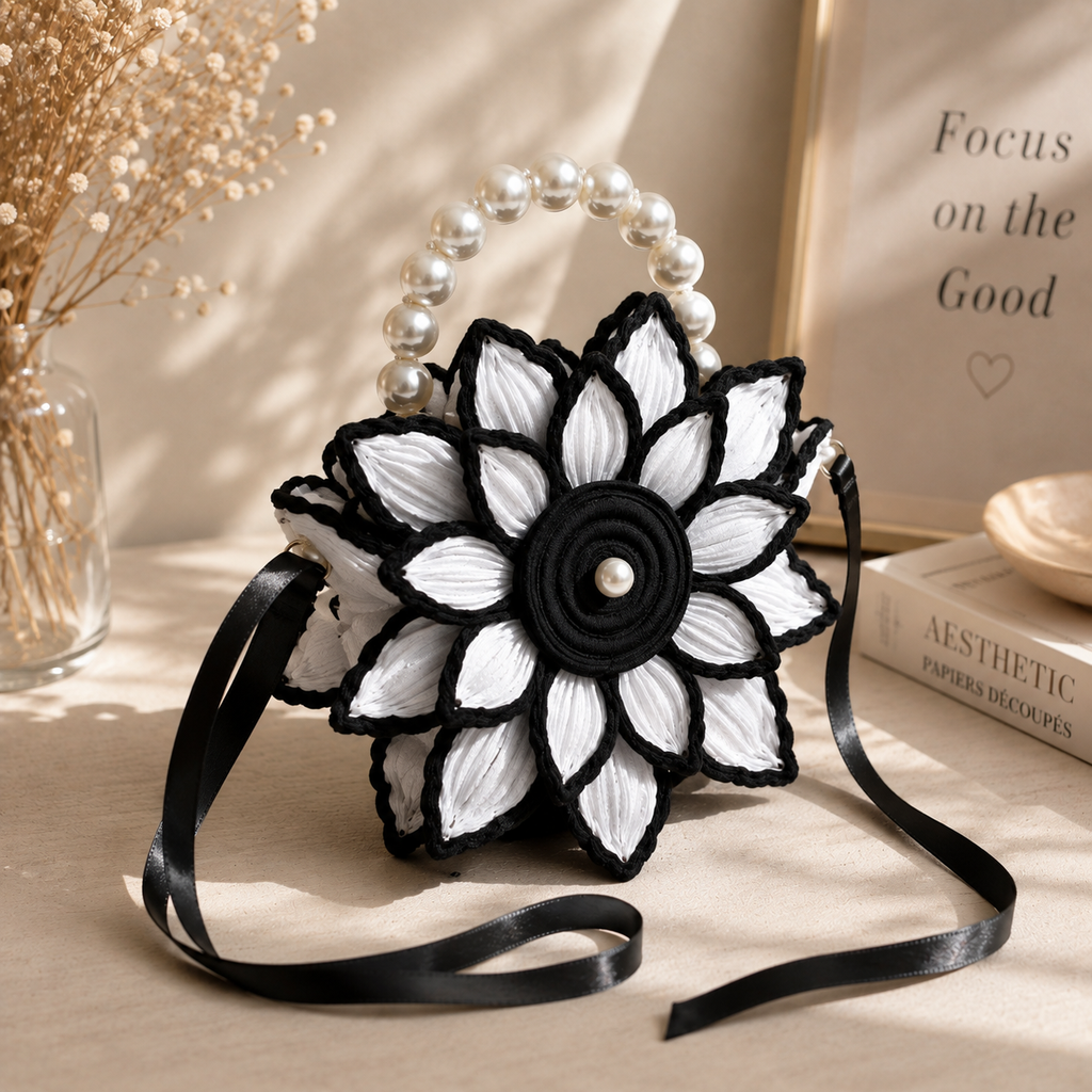 Luxury Handcrafted Black & White Floral Crochet Handbag | Pearl Handle Designer Sling Bag