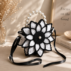 Luxury Handcrafted Black & White Floral Crochet Handbag | Pearl Handle Designer Sling Bag